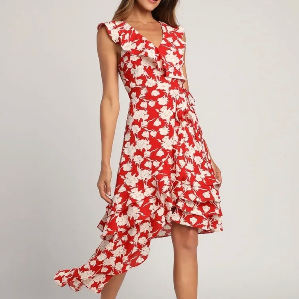 Lulus All the Lovely Days Red Floral Print Asymmetrical Wrap Dress Sz M NWT